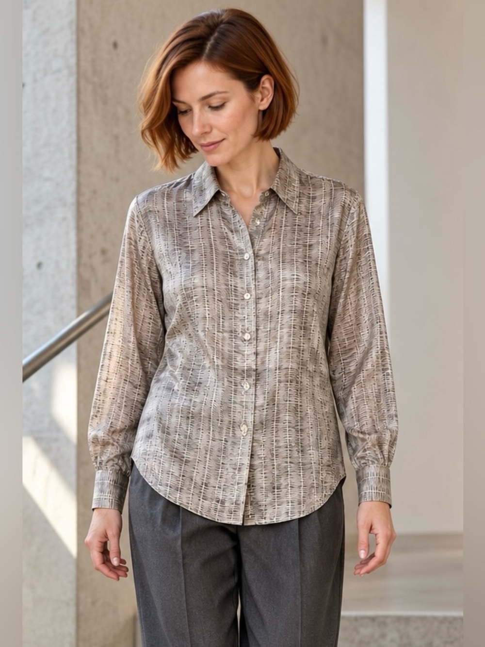 City Silk 100% Silk Abstract Grid Print Button-Up Blouse Small